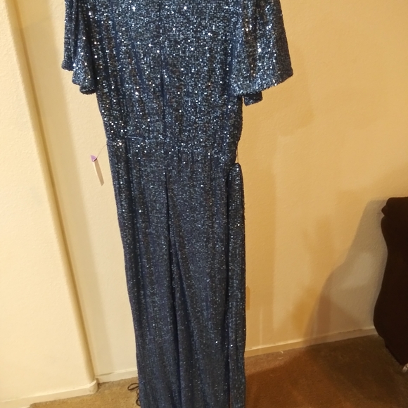 Ricauica Blue Sequence Jumpsuit with Belt, Size M, Flare Legs, - Picture 2 of 2